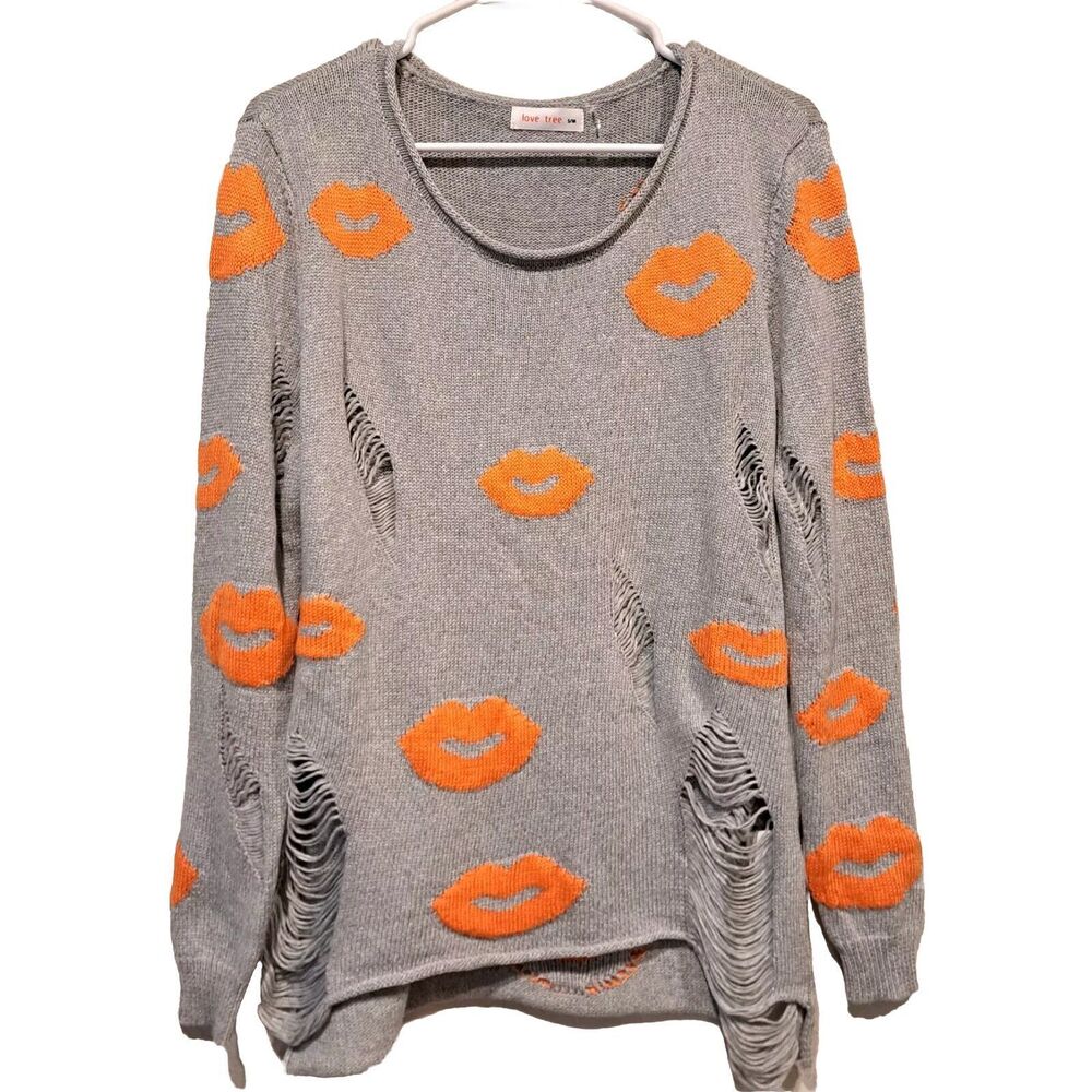 Love Tree Kisses Lips All-Over Print Distressed Ripped Gray Sweater Sz S/M NWOT